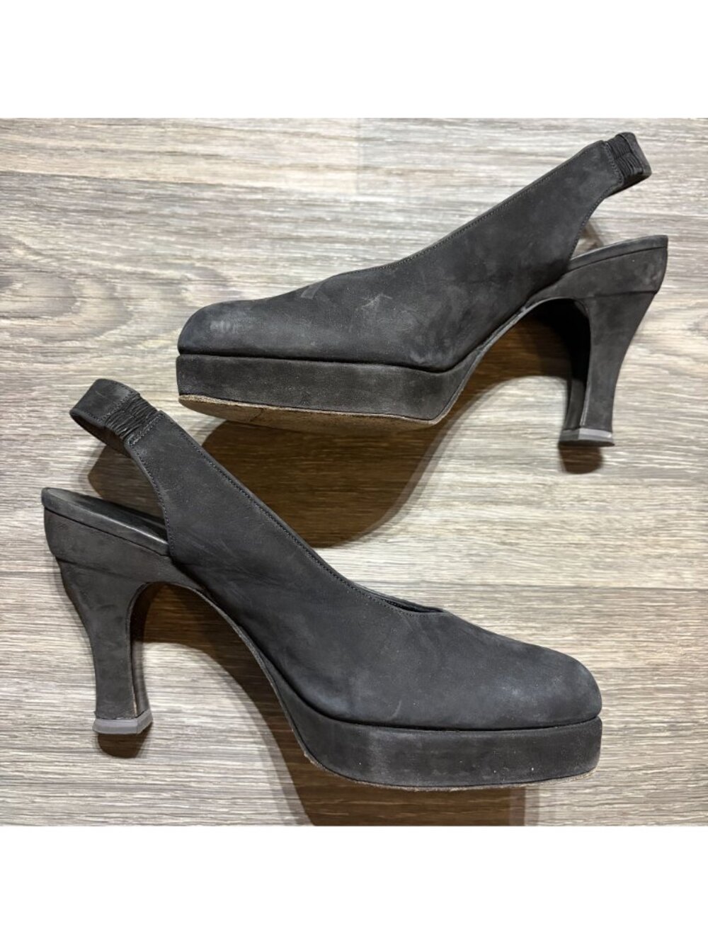 Karl Lagerfeld Suede Slingback Platform Heels 7M Black Almond Toe France VTG Y2K - Picture 2 of 13
